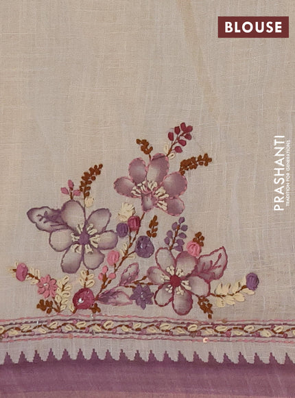 Linen cotton saree purple with embroidery buttas and embroidery kantha stitch work pallu