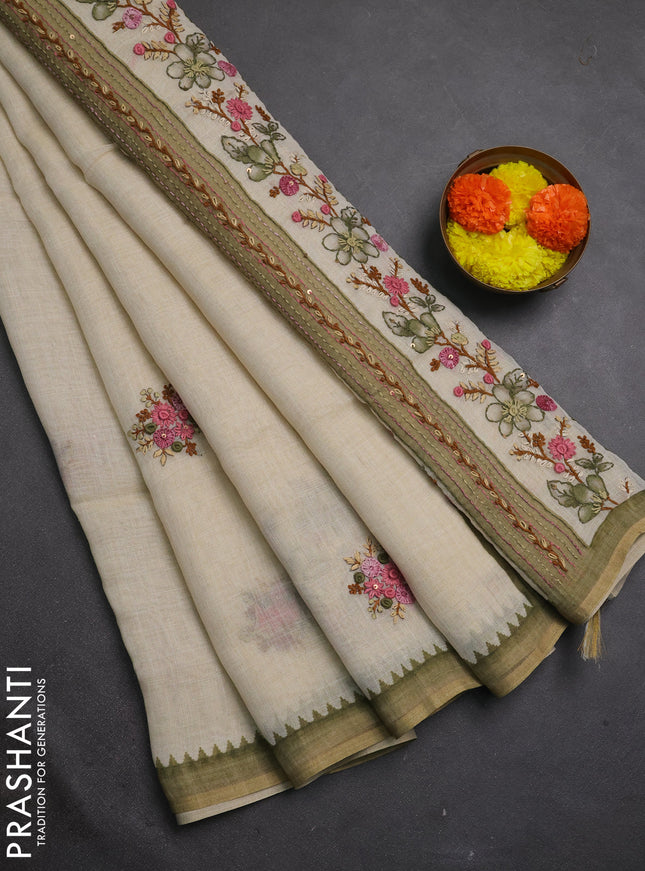 Linen cotton saree mehendi green with embroidery buttas and embroidery kantha stitch work pallu
