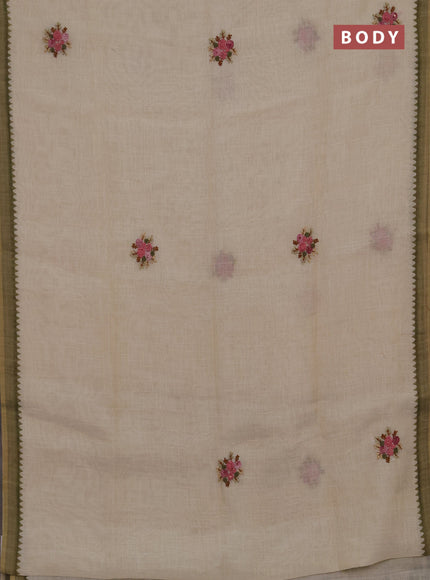 Linen cotton saree mehendi green with embroidery buttas and embroidery kantha stitch work pallu