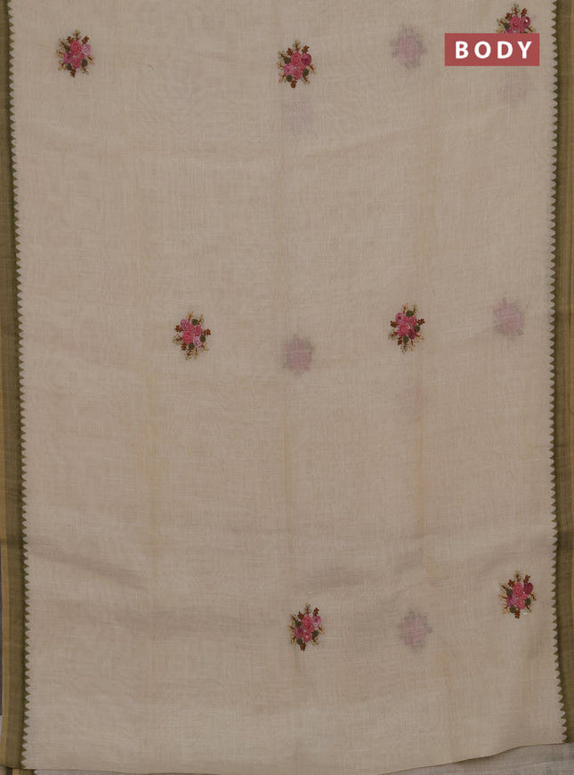 Linen cotton saree mehendi green with embroidery buttas and embroidery kantha stitch work pallu