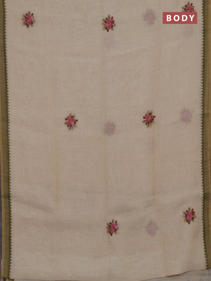 Linen cotton saree mehendi green with embroidery buttas and embroidery kantha stitch work pallu