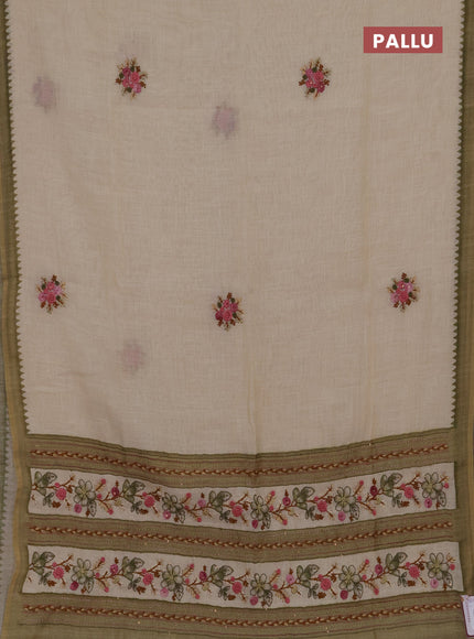 Linen cotton saree mehendi green with embroidery buttas and embroidery kantha stitch work pallu