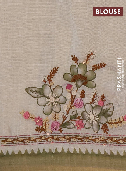 Linen cotton saree mehendi green with embroidery buttas and embroidery kantha stitch work pallu