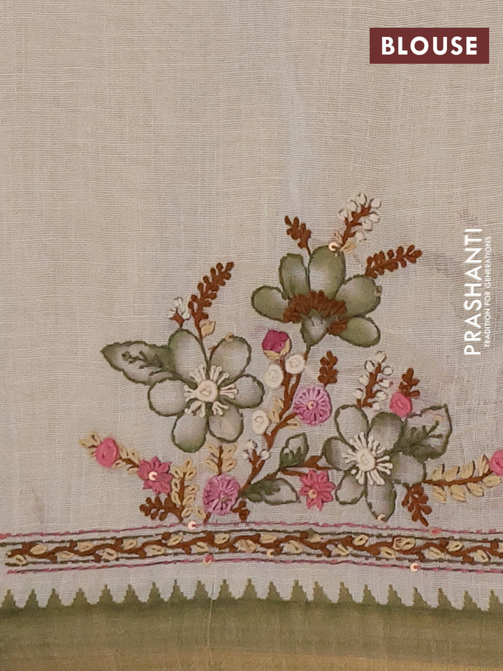Linen cotton saree mehendi green with embroidery buttas and embroidery kantha stitch work pallu