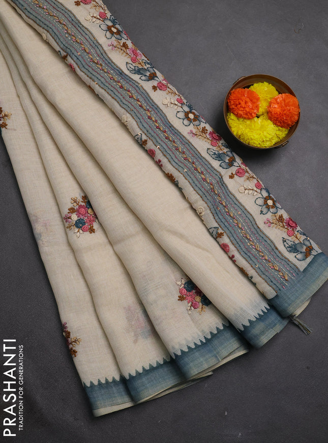 Linen cotton saree grey with embroidery buttas and embroidery kantha stitch work pallu