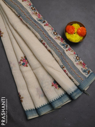 Linen cotton saree grey with embroidery buttas and embroidery kantha stitch work pallu