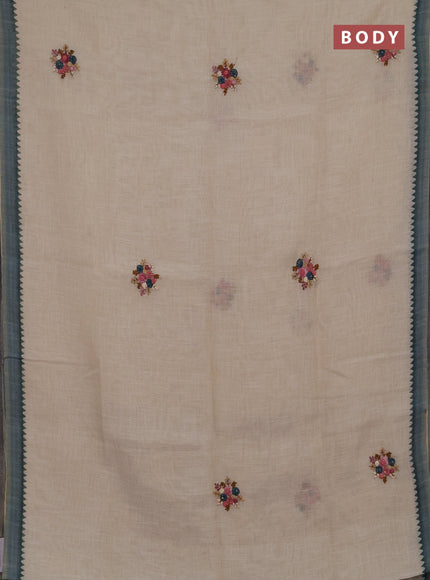 Linen cotton saree grey with embroidery buttas and embroidery kantha stitch work pallu