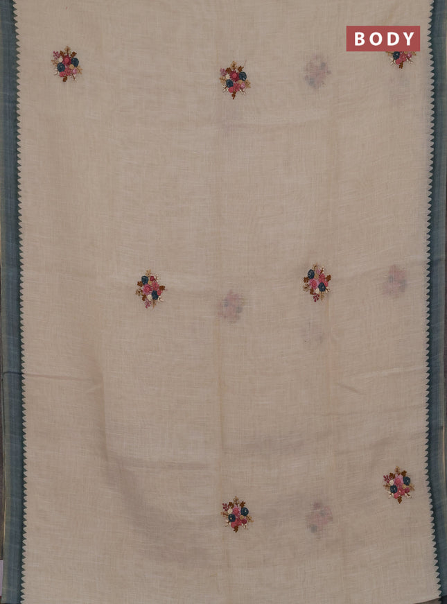 Linen cotton saree grey with embroidery buttas and embroidery kantha stitch work pallu