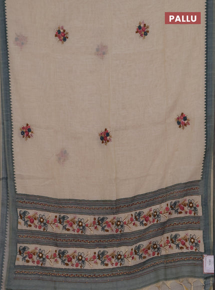 Linen cotton saree grey with embroidery buttas and embroidery kantha stitch work pallu
