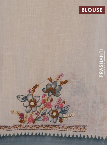 Linen cotton saree grey with embroidery buttas and embroidery kantha stitch work pallu