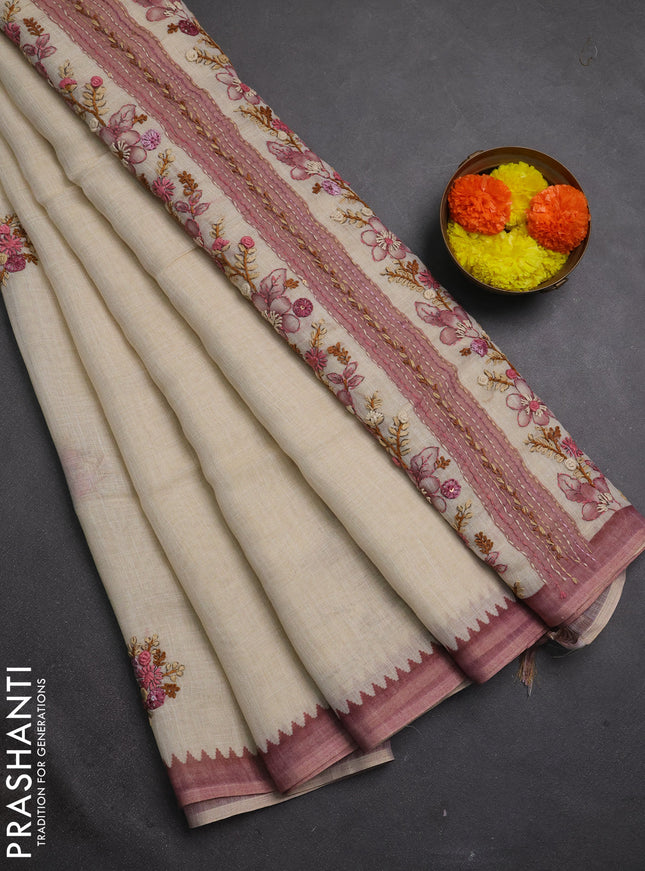 Linen cotton saree pink shade with embroidery buttas and embroidery kantha stitch work pallu