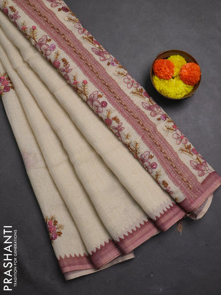 Linen cotton saree pink shade with embroidery buttas and embroidery kantha stitch work pallu