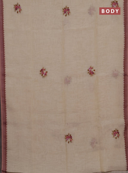 Linen cotton saree pink shade with embroidery buttas and embroidery kantha stitch work pallu