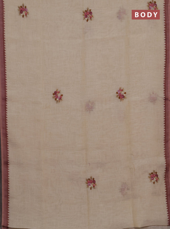 Linen cotton saree pink shade with embroidery buttas and embroidery kantha stitch work pallu