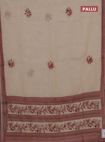 Linen cotton saree pink shade with embroidery buttas and embroidery kantha stitch work pallu