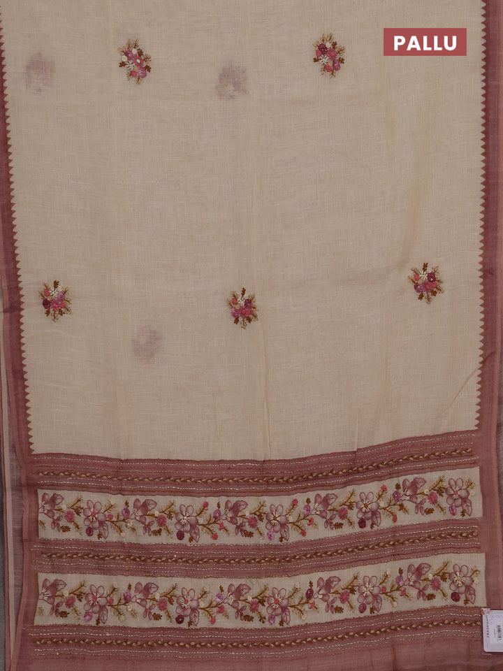 Linen cotton saree pink shade with embroidery buttas and embroidery kantha stitch work pallu