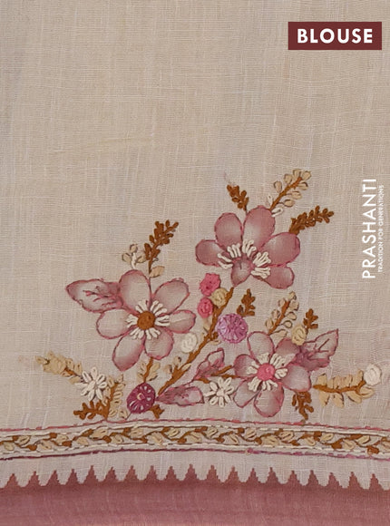 Linen cotton saree pink shade with embroidery buttas and embroidery kantha stitch work pallu