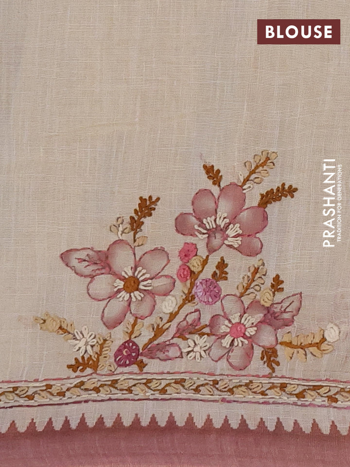 Linen cotton saree pink shade with embroidery buttas and embroidery kantha stitch work pallu