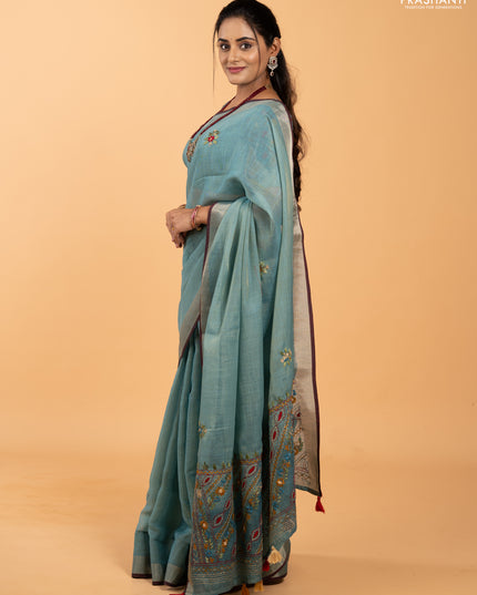 Tissue linen saree teal blue and maroon with allover embroidery buttas and embroidery kantha stitch work pallu