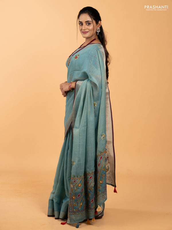 Tissue linen saree teal blue and maroon with allover embroidery buttas and embroidery kantha stitch work pallu