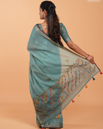 Tissue linen saree teal blue and maroon with allover embroidery buttas and embroidery kantha stitch work pallu