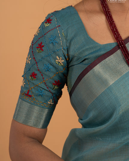Tissue linen saree teal blue and maroon with allover embroidery buttas and embroidery kantha stitch work pallu