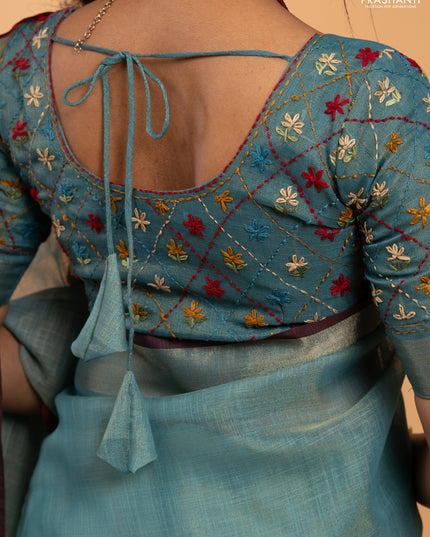 Tissue linen saree teal blue and maroon with allover embroidery buttas and embroidery kantha stitch work pallu