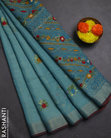 Tissue linen saree teal blue and maroon with allover embroidery buttas and embroidery kantha stitch work pallu