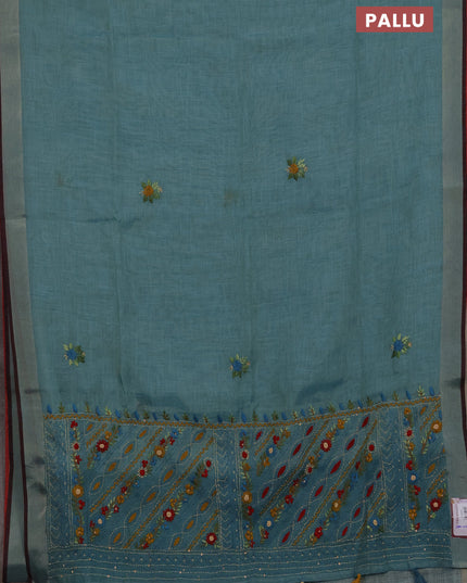 Tissue linen saree teal blue and maroon with allover embroidery buttas and embroidery kantha stitch work pallu