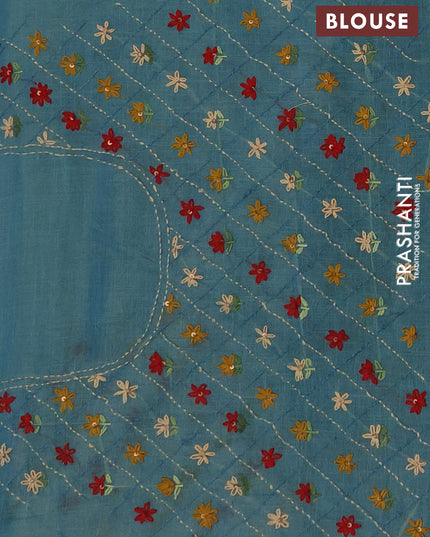 Tissue linen saree teal blue and maroon with allover embroidery buttas and embroidery kantha stitch work pallu