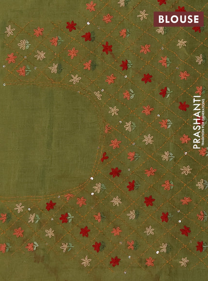 Tissue linen saree light green and maroon with allover embroidery buttas and embroidery kantha stitch work pallu