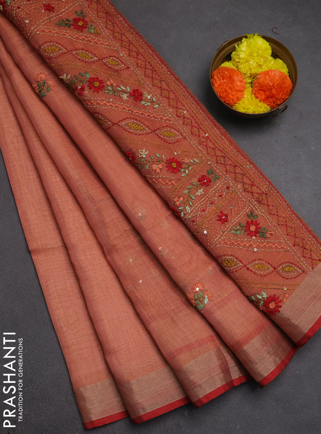 Tissue linen saree peach shade and red with allover embroidery buttas and embroidery kantha stitch work pallu