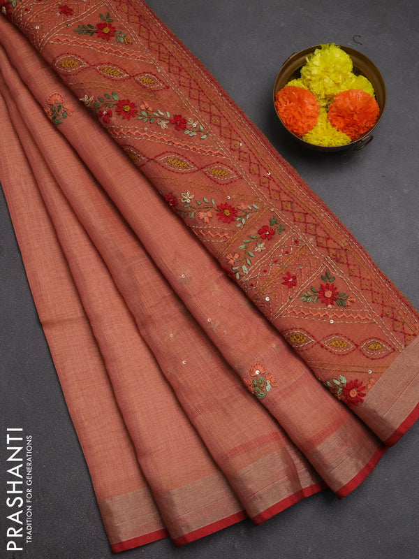 Tissue linen saree peach shade and red with allover embroidery buttas and embroidery kantha stitch work pallu