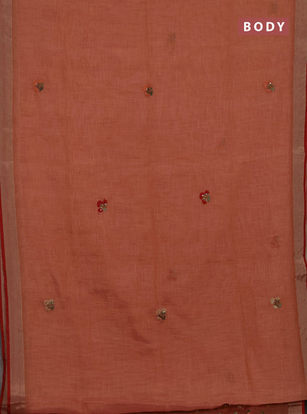 Tissue linen saree peach shade and red with allover embroidery buttas and embroidery kantha stitch work pallu