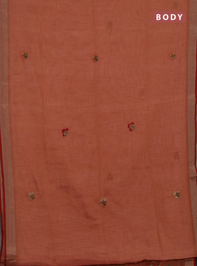 Tissue linen saree peach shade and red with allover embroidery buttas and embroidery kantha stitch work pallu