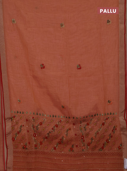 Tissue linen saree peach shade and red with allover embroidery buttas and embroidery kantha stitch work pallu