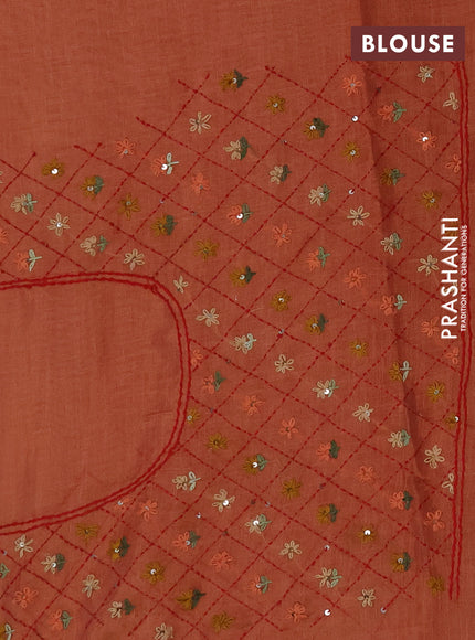 Tissue linen saree peach shade and red with allover embroidery buttas and embroidery kantha stitch work pallu