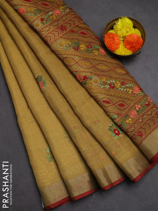 Tissue linen saree mustard green and red with allover embroidery buttas and embroidery kantha stitch work pallu