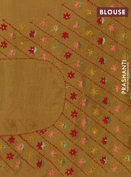 Tissue linen saree mustard green and red with allover embroidery buttas and embroidery kantha stitch work pallu