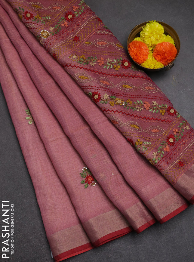 Tissue linen saree pink and maroon with allover embroidery buttas and embroidery kantha stitch work pallu