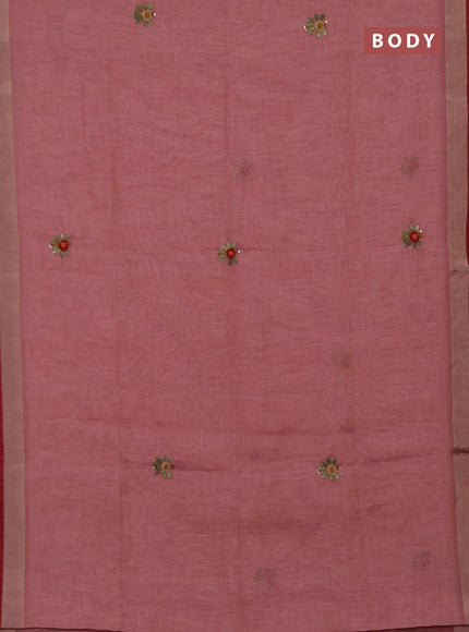 Tissue linen saree pink and maroon with allover embroidery buttas and embroidery kantha stitch work pallu