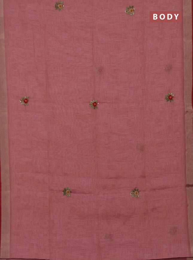 Tissue linen saree pink and maroon with allover embroidery buttas and embroidery kantha stitch work pallu