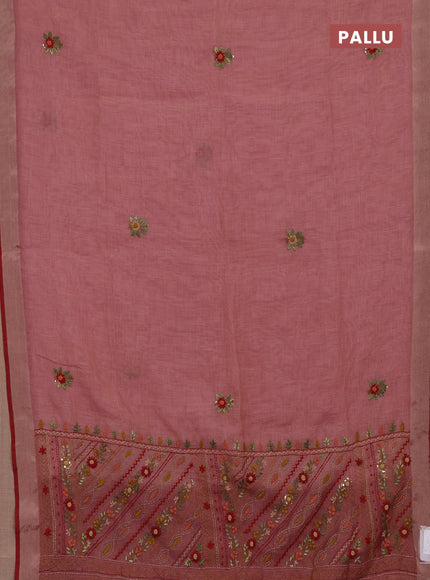 Tissue linen saree pink and maroon with allover embroidery buttas and embroidery kantha stitch work pallu