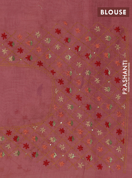 Tissue linen saree pink and maroon with allover embroidery buttas and embroidery kantha stitch work pallu