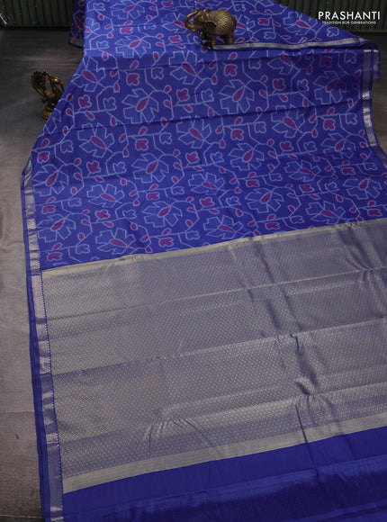 Bangalori silk saree blue with allover ikat weaves and zari woven border