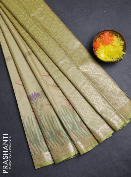 Bangalori silk saree lime yellow with allover ikat weaves and zari woven border
