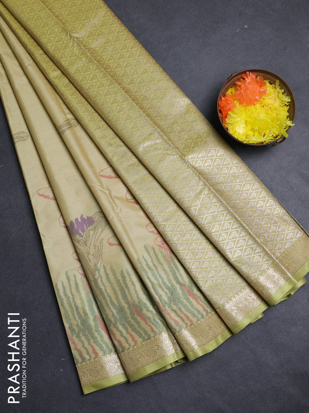 Bangalori silk saree lime yellow with allover ikat weaves and zari woven border