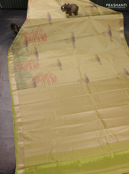 Bangalori silk saree lime yellow with allover ikat weaves and zari woven border
