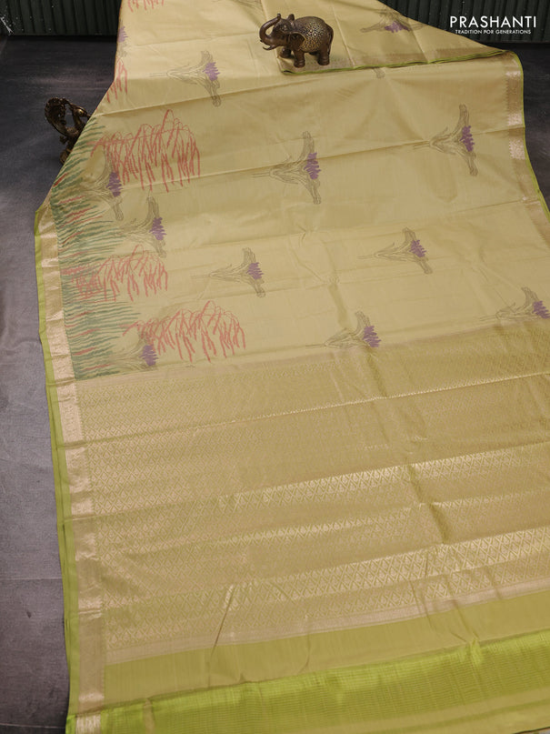 Bangalori silk saree lime yellow with allover ikat weaves and zari woven border