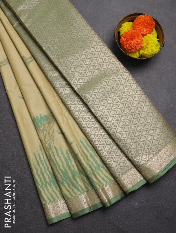 Bangalori silk saree pale yellow and green shade with allover ikat weaves and zari woven border